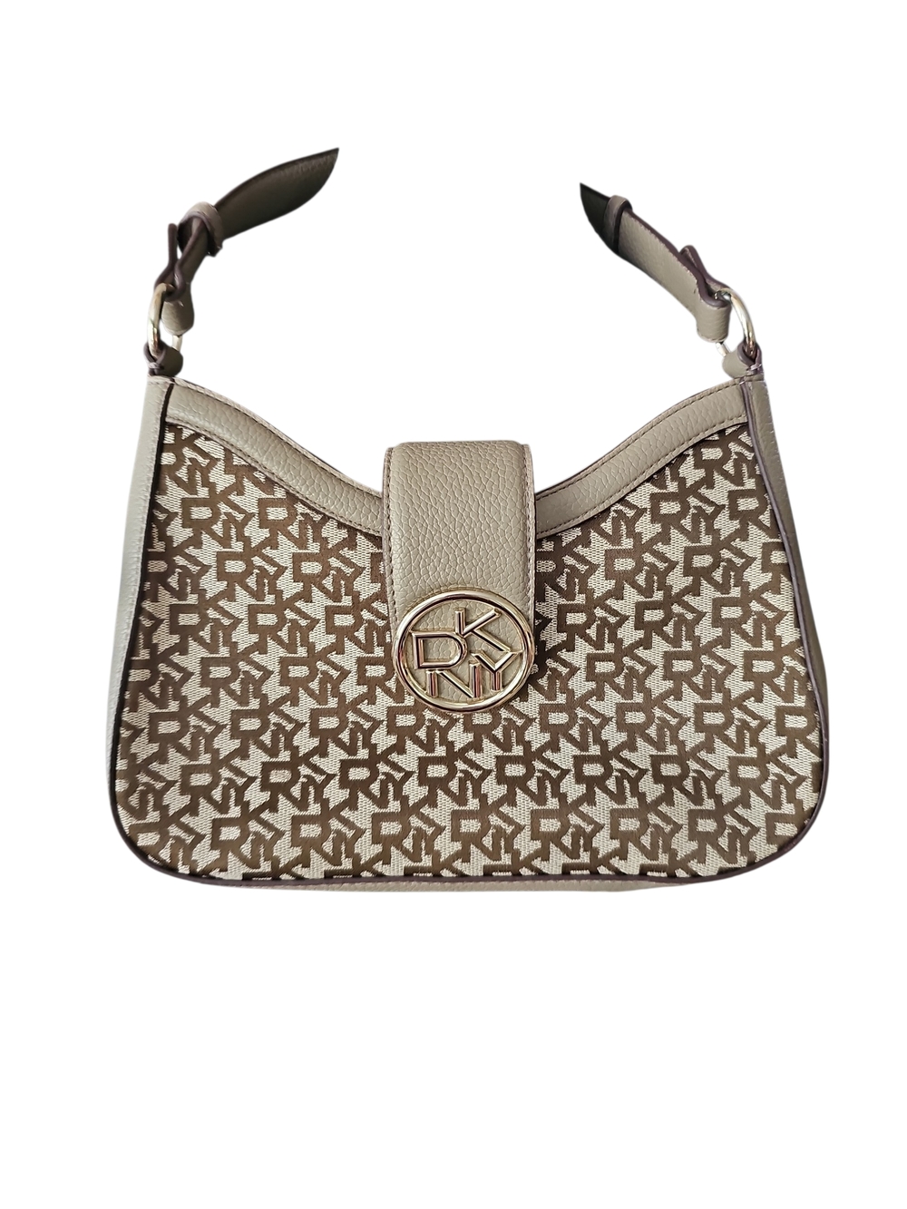 DKNY Beige Monogram Canvas Shoulder Bag with Gold Logo